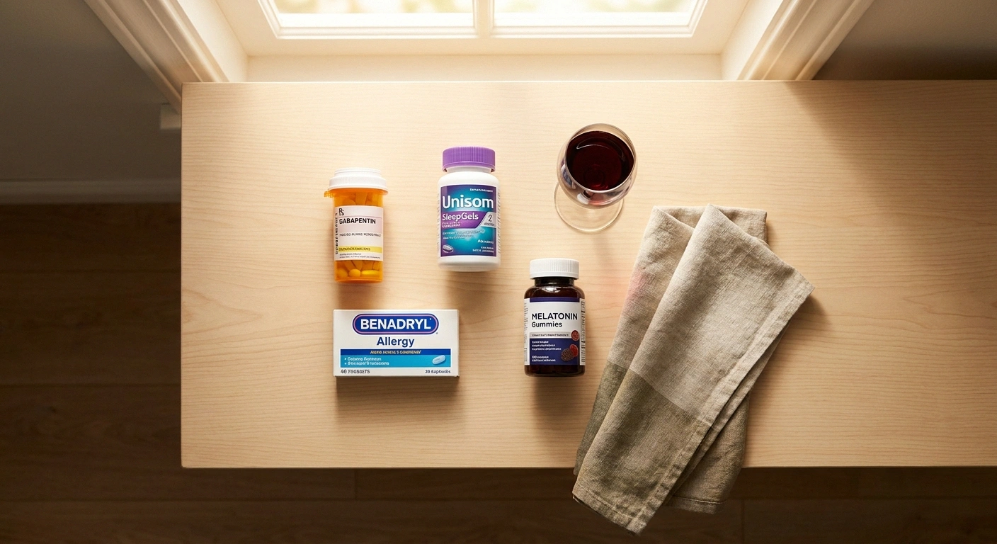 A flat-lay of stacked sedating items — gabapentin prescription, Benadryl, sleep aid, melatonin, and wine glass — illustrating CNS-depression stacking risk.