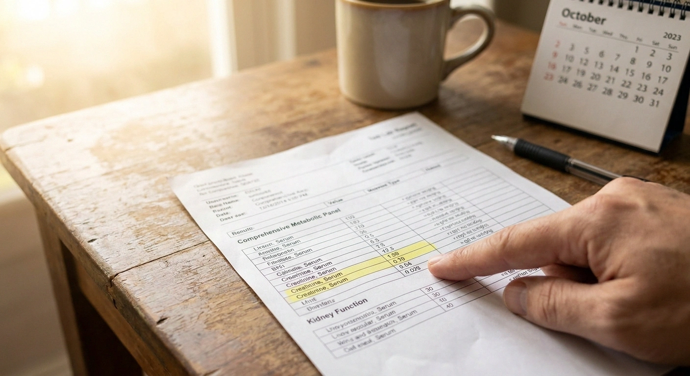A patient reviewing a kidney and liver function lab report at the kitchen table — the labs that determine neuropathy medication dosing.