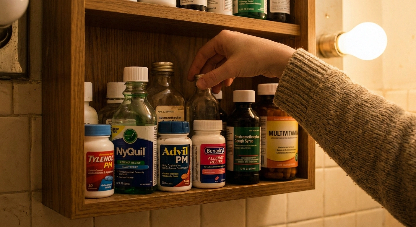 A home medicine cabinet shelf with OTC bottles — NyQuil, Tylenol PM, Benadryl, cough syrup — the items most often forgotten in neuropathy medication reviews.