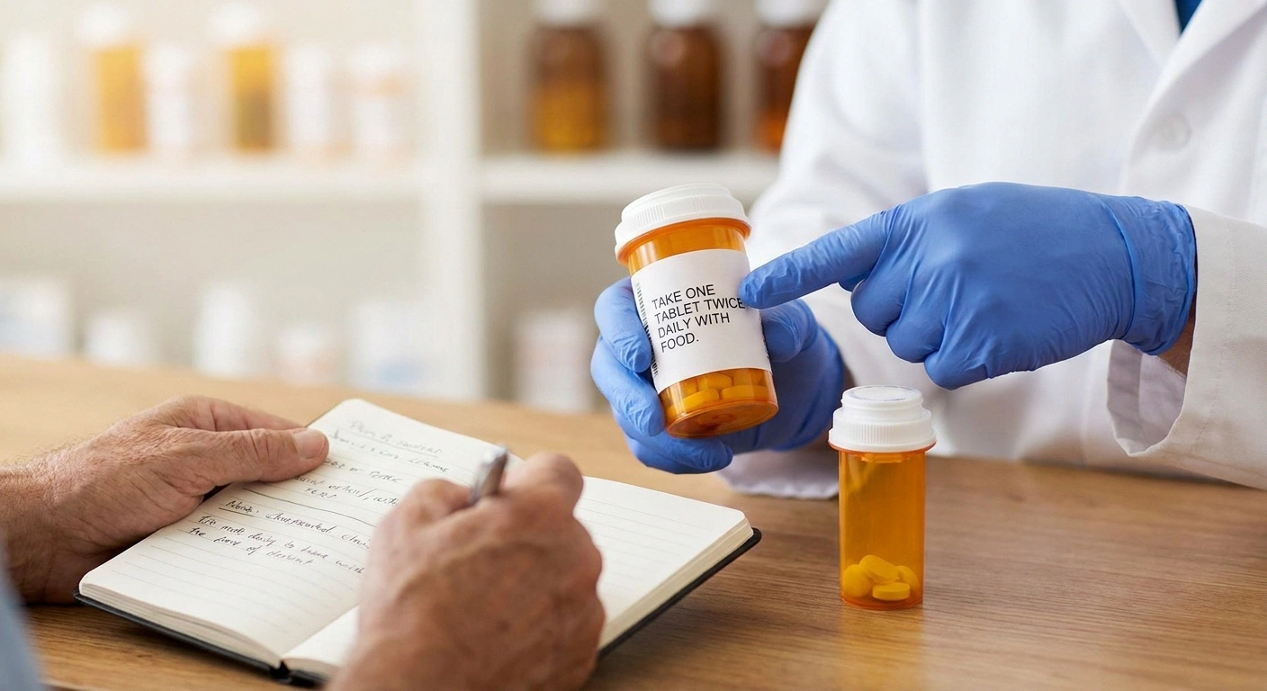 A pharmacist explaining a prescription label to a neuropathy patient — the kind of conversation a brown-bag review enables.