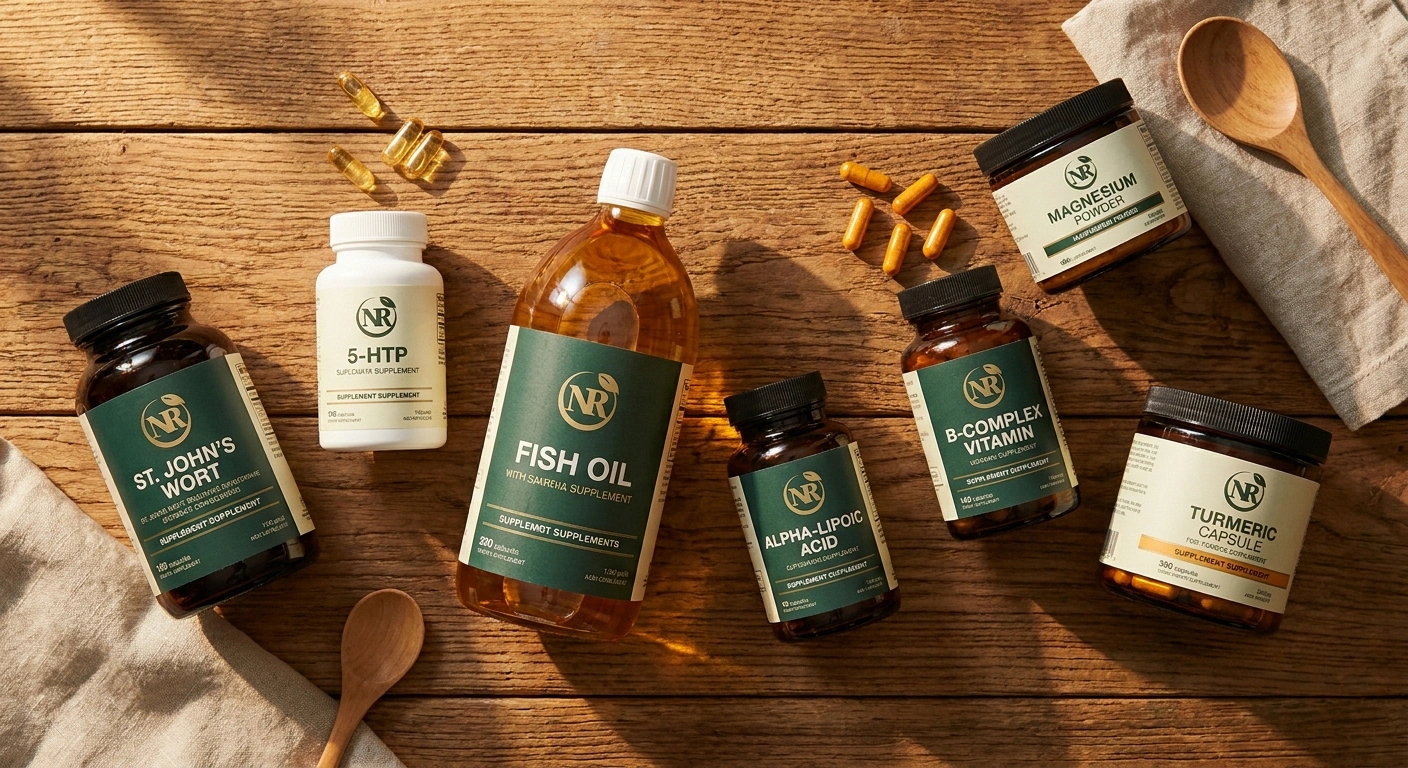 A flat-lay of common supplement bottles — St. John's Wort, 5-HTP, fish oil, alpha-lipoic acid, magnesium, B-complex, turmeric — items that interact with neuropathy medications.