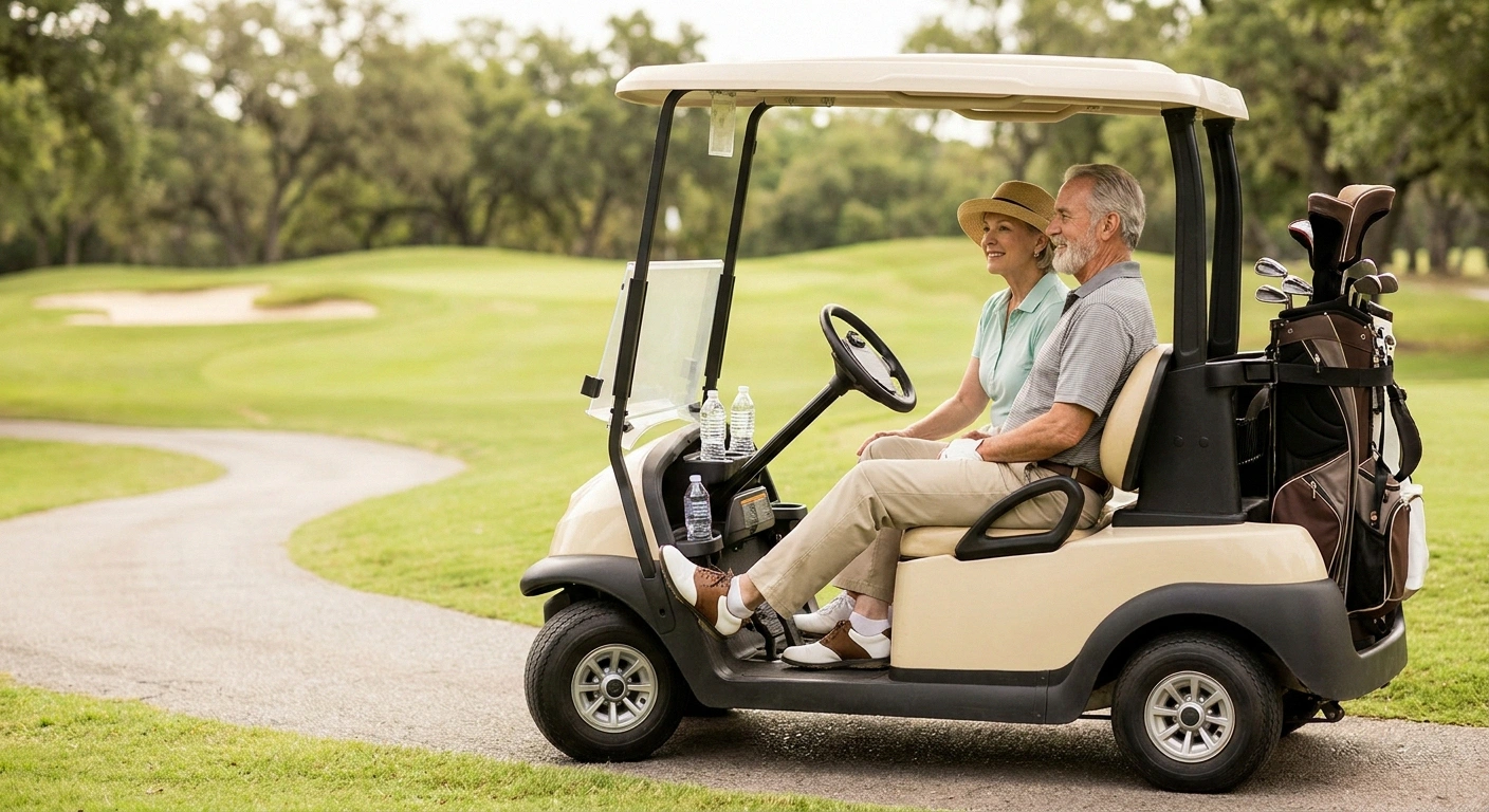 Older couple resting comfortably in a golf cart between holes with water bottles, pacing their round
