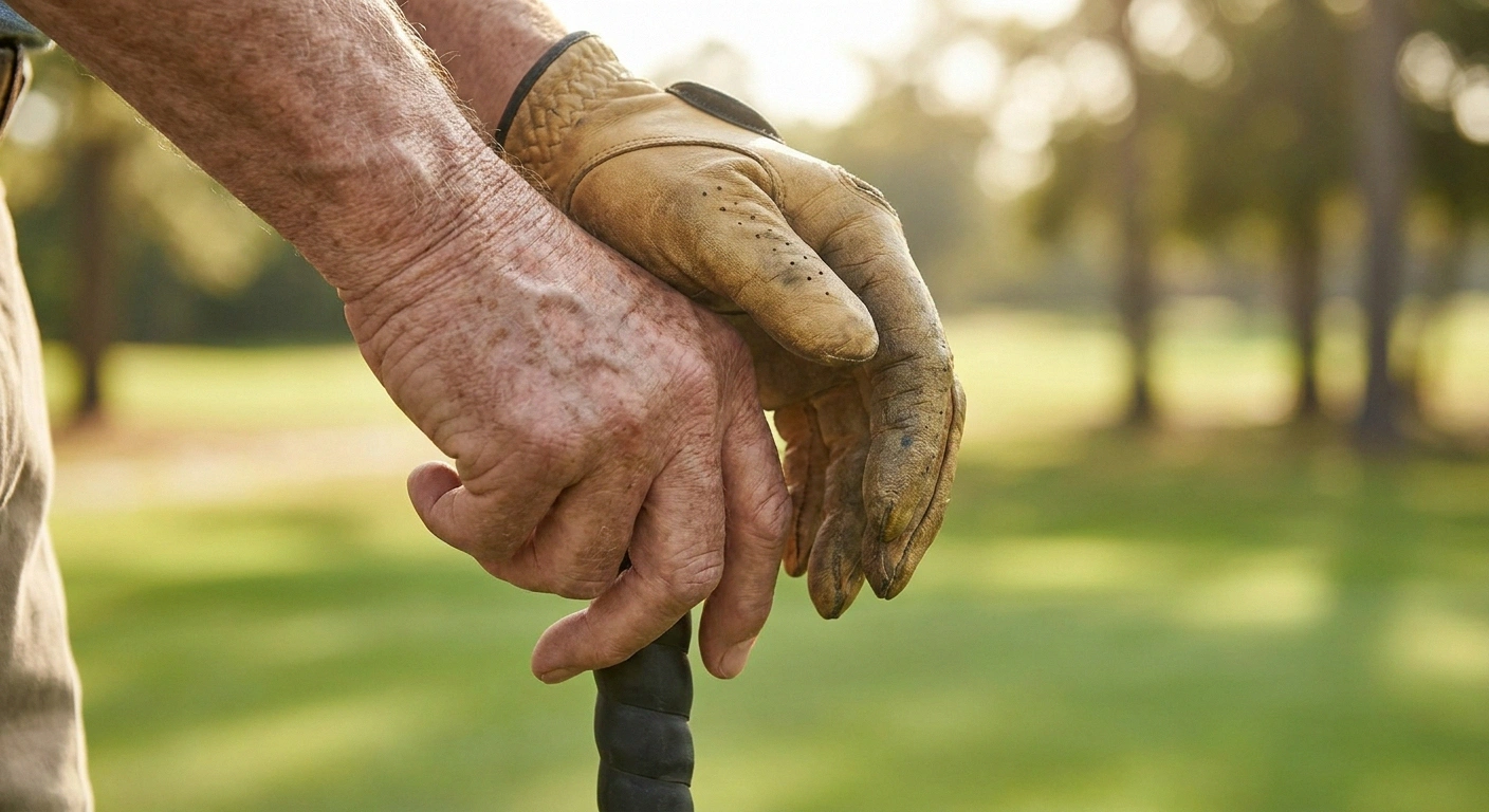 Older golfer's relaxed hands holding a club with an oversized built-up grip and a tacky glove