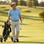 Older man standing comfortably on a golf fairway with a club and push cart, enjoying a relaxed round