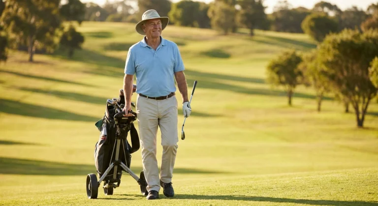 Older man standing comfortably on a golf fairway with a club and push cart, enjoying a relaxed round