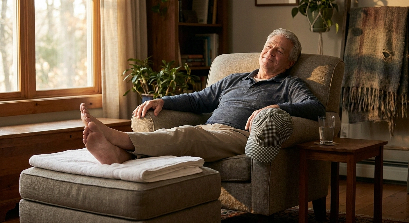 Older man resting at home after golf with his feet elevated on an ottoman and a cool towel