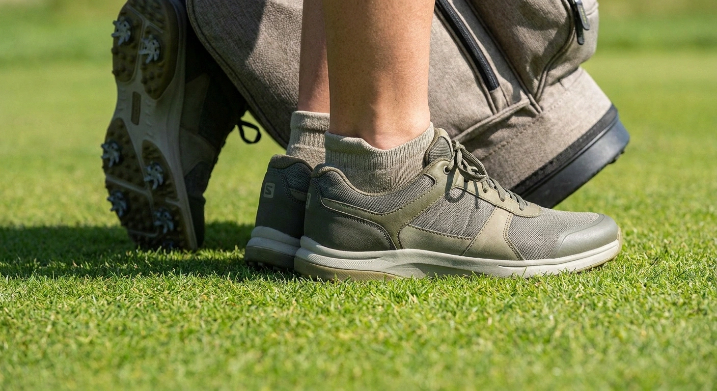 Close-up of supportive wide-toe-box spikeless golf shoes standing stably on a grass tee box