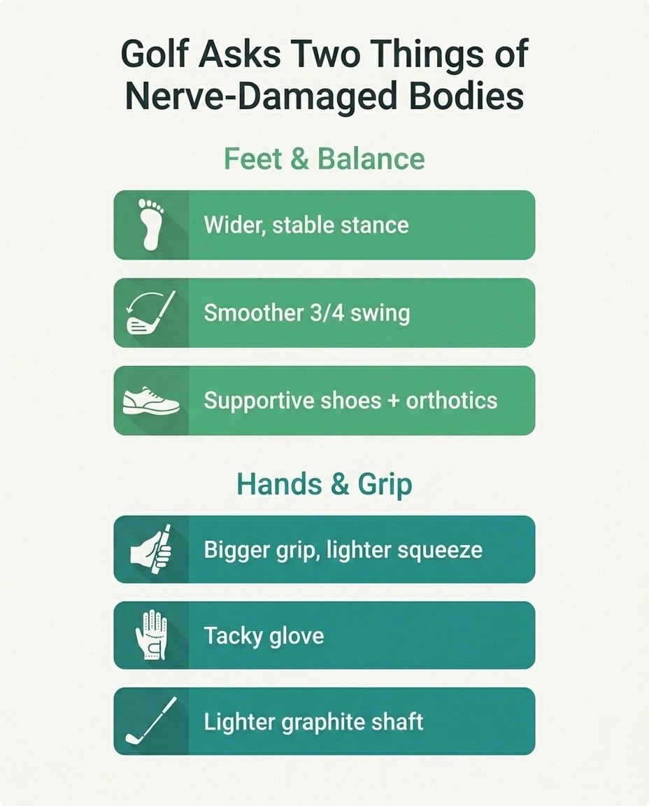 Infographic contrasting the feet/balance and hands/grip demands of golf with adaptations for each
