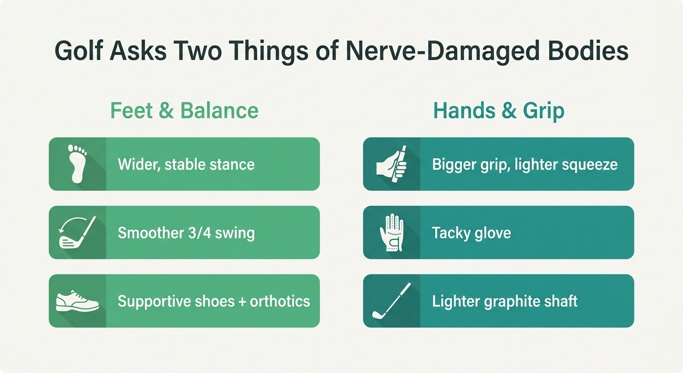 Infographic contrasting the feet/balance and hands/grip demands of golf with adaptations for each