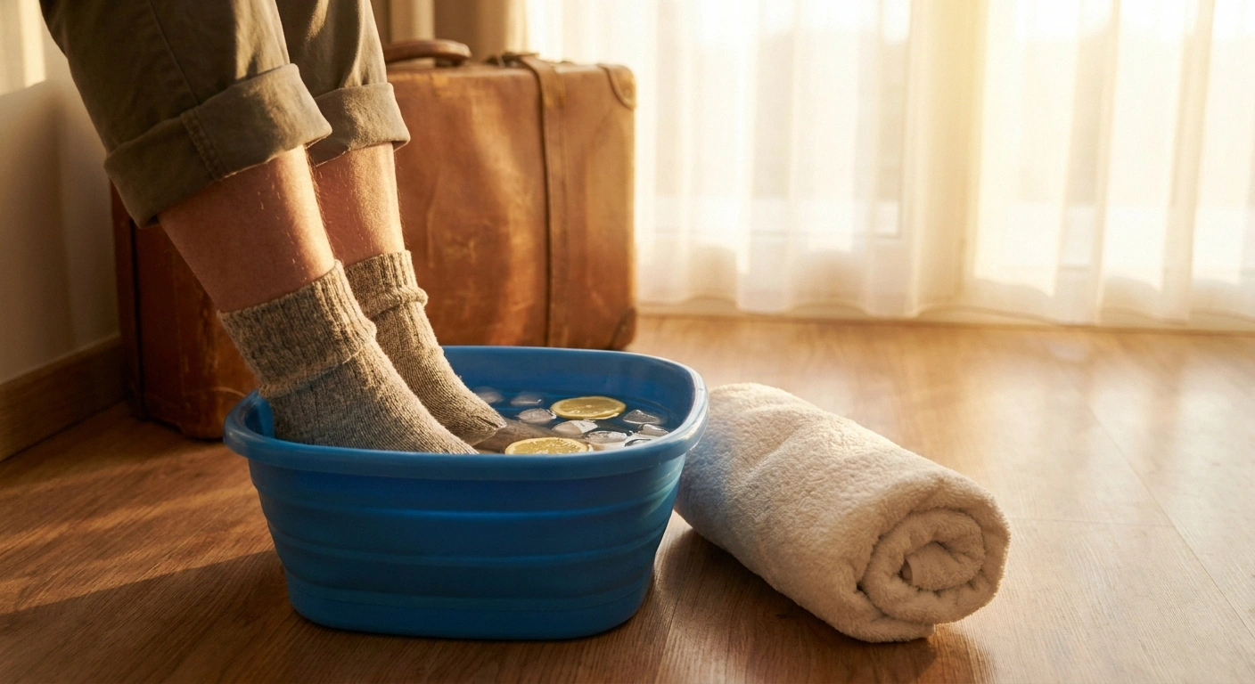 A traveler's feet soaking in a small basin of cool water during the arrival routine in a hotel room.