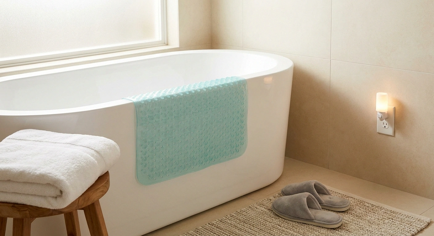 A hotel bathroom prepared for neuropathy safety with a non-slip shower mat, cushioned slippers, and a plug-in nightlight.