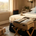 A welcoming hotel room with a leg-elevation pillow stack built on the bed and a familiar pillowcase visible in the open suitcase.