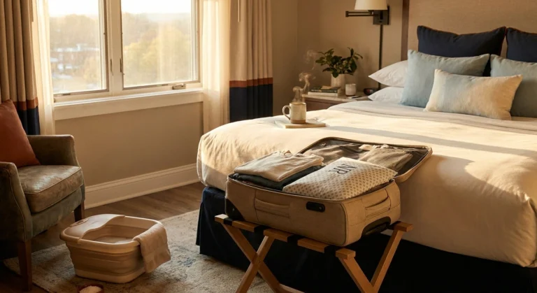 A welcoming hotel room with a leg-elevation pillow stack built on the bed and a familiar pillowcase visible in the open suitcase.