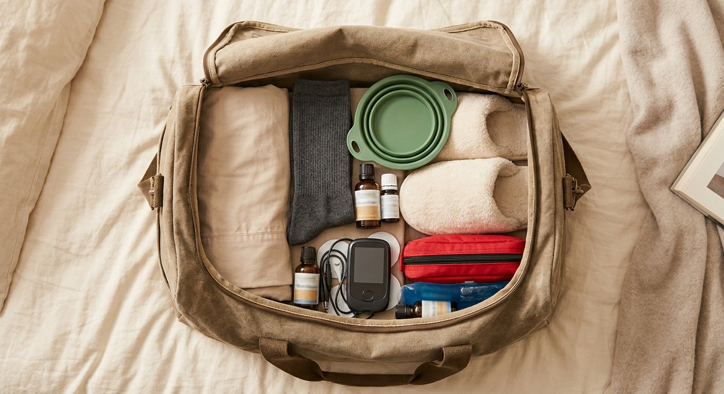 An open soft-sided travel duffel packed with neuropathy travel essentials — pillowcase, compression socks, foot soak basin, slippers, TENS unit, and medications.