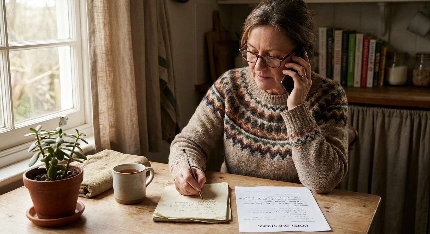 A traveler making a pre-booking call to a hotel front desk to confirm accessibility, refrigerator, and room location.