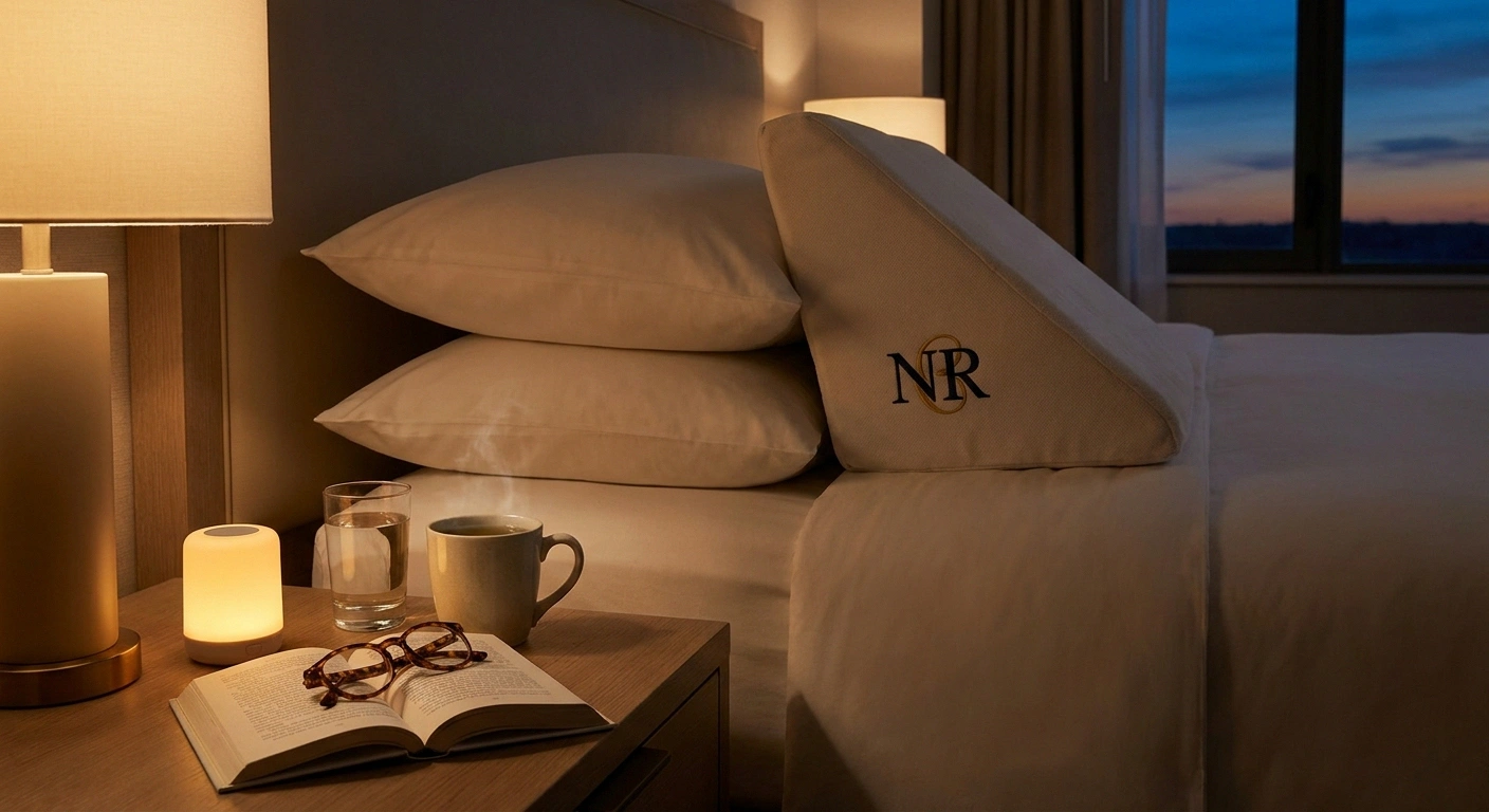 A hotel bedside arranged for a neuropathy-friendly wind-down — leg-elevation pillows, water, tea, a book, and a soft nightlight.
