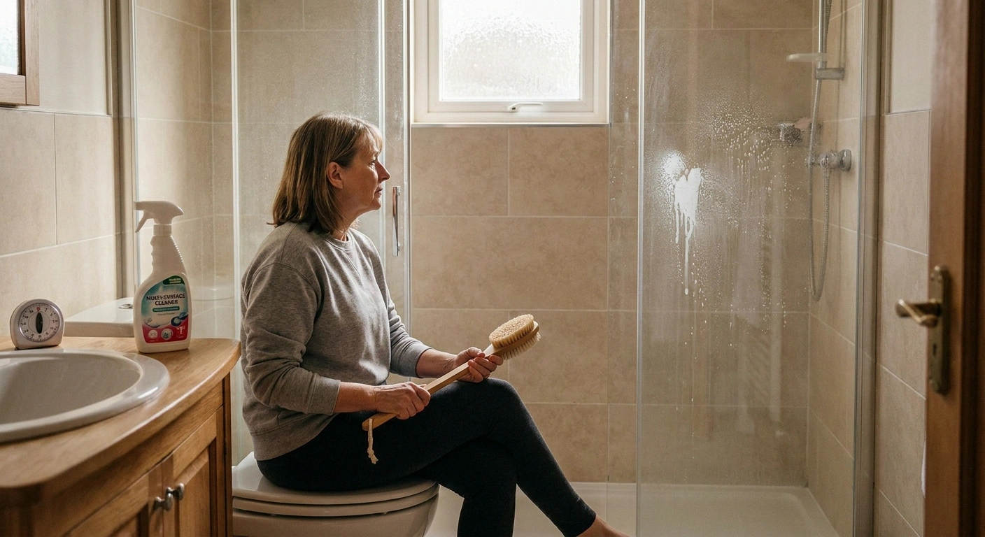 Woman sitting while cleaning the bathroom with a long-handle scrub brush — paced cleaning approach for neuropathy