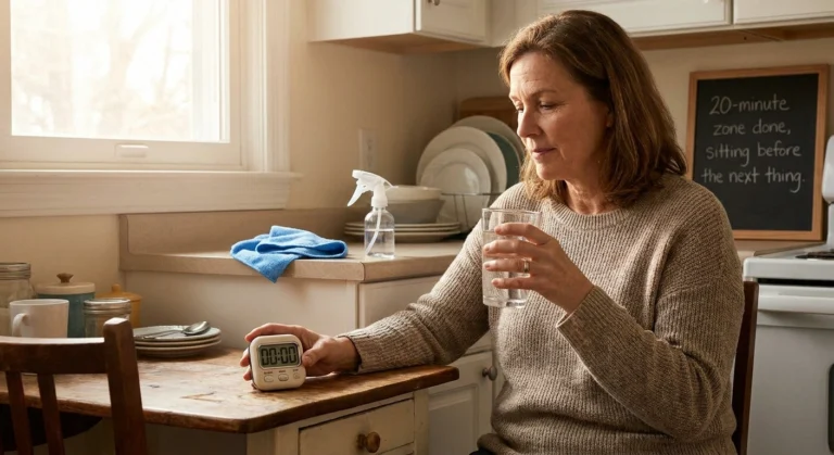 Woman sitting for a deliberate rest break during paced house cleaning with neuropathy