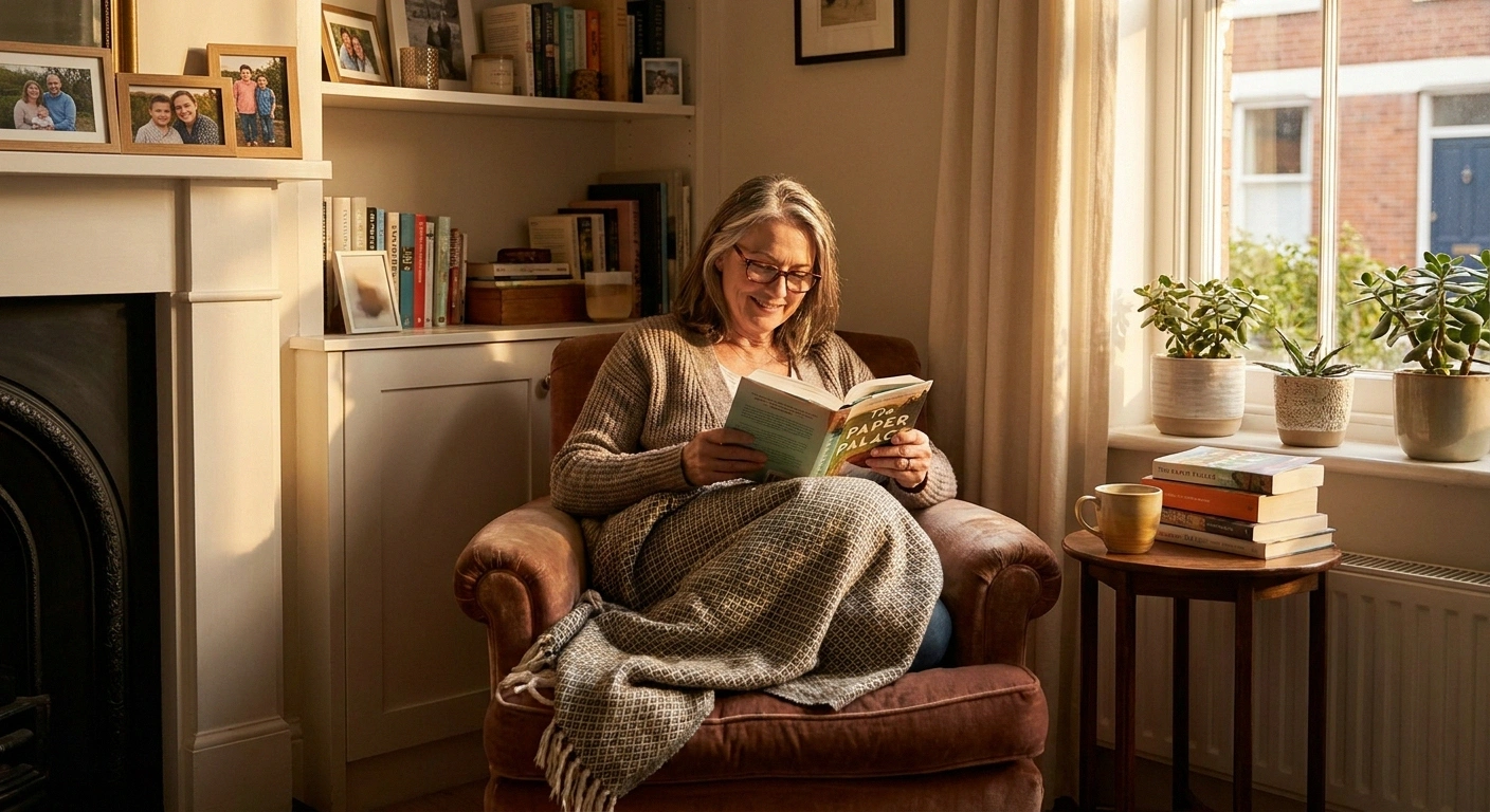 Woman reading peacefully in her armchair after paced house cleaning — clean enough is enough with neuropathy