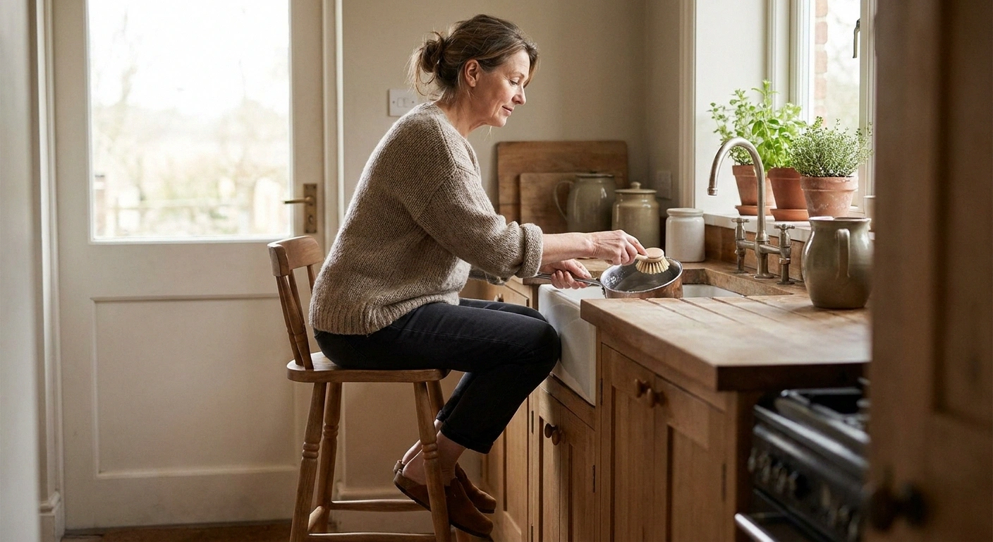 Woman sitting on a kitchen stool to wash dishes — adapting house cleaning for neuropathy