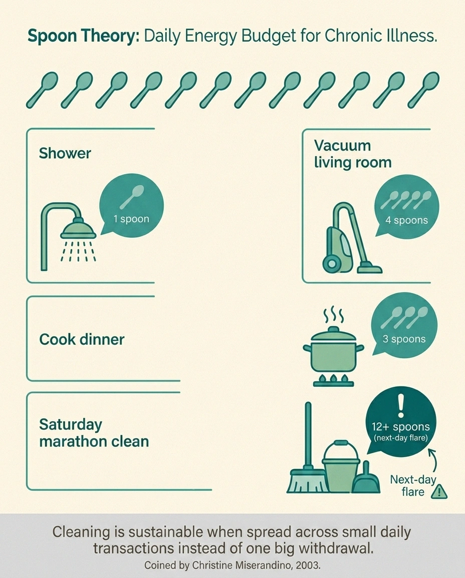 Infographic explaining spoon theory: daily energy budget and how cleaning tasks consume spoons in chronic illness