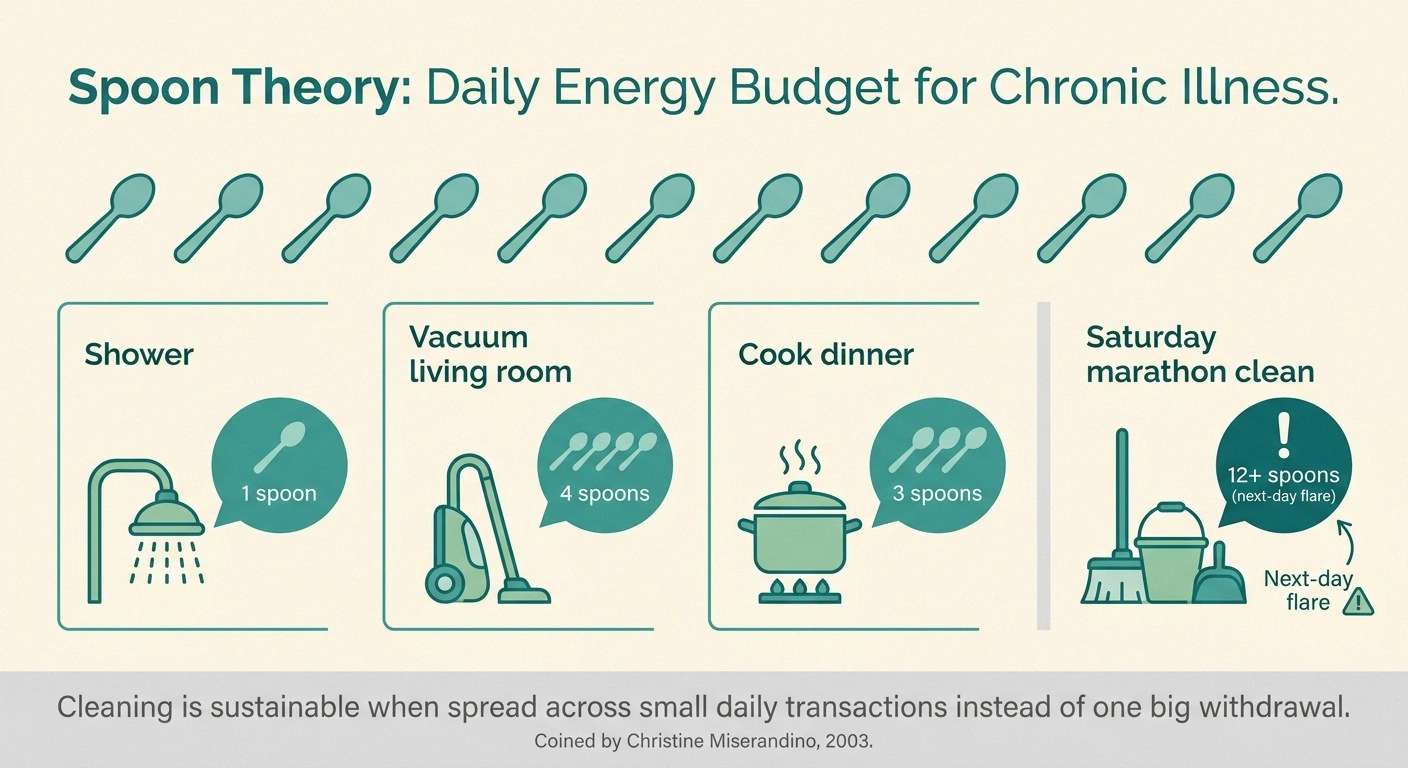 Infographic explaining spoon theory: daily energy budget and how cleaning tasks consume spoons in chronic illness