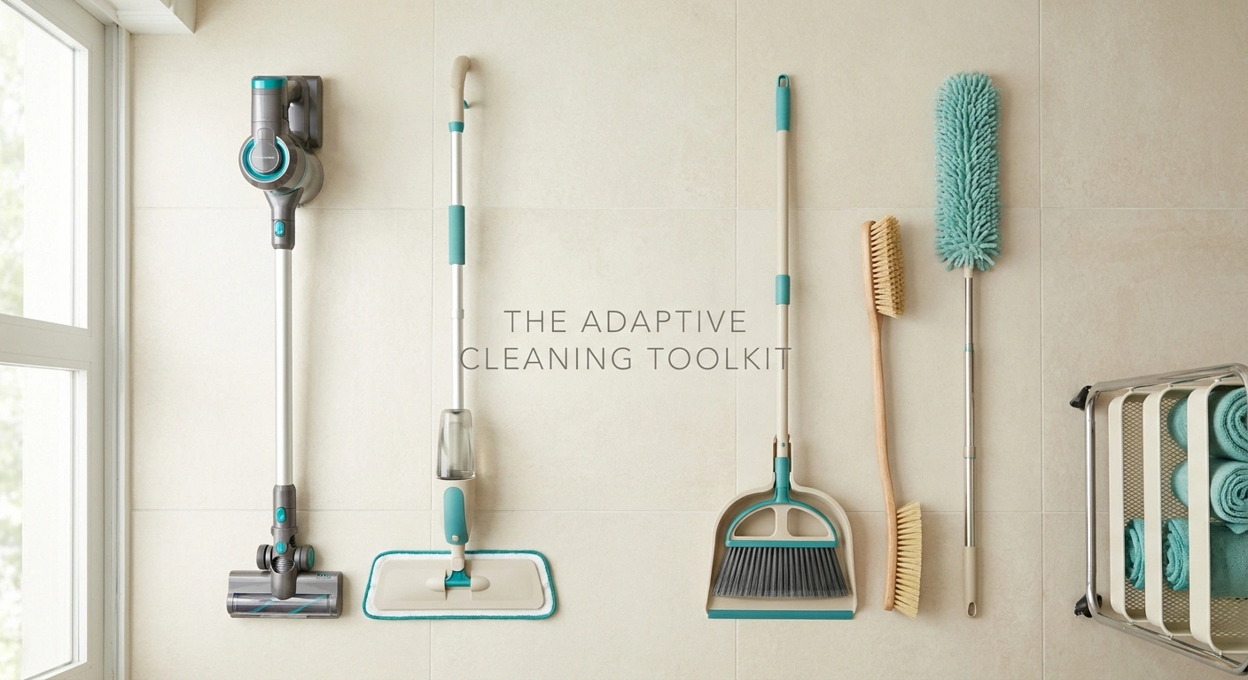 Adaptive cleaning toolkit for neuropathy: cordless vacuum, microfiber spray mop, long-handle brushes, telescoping duster