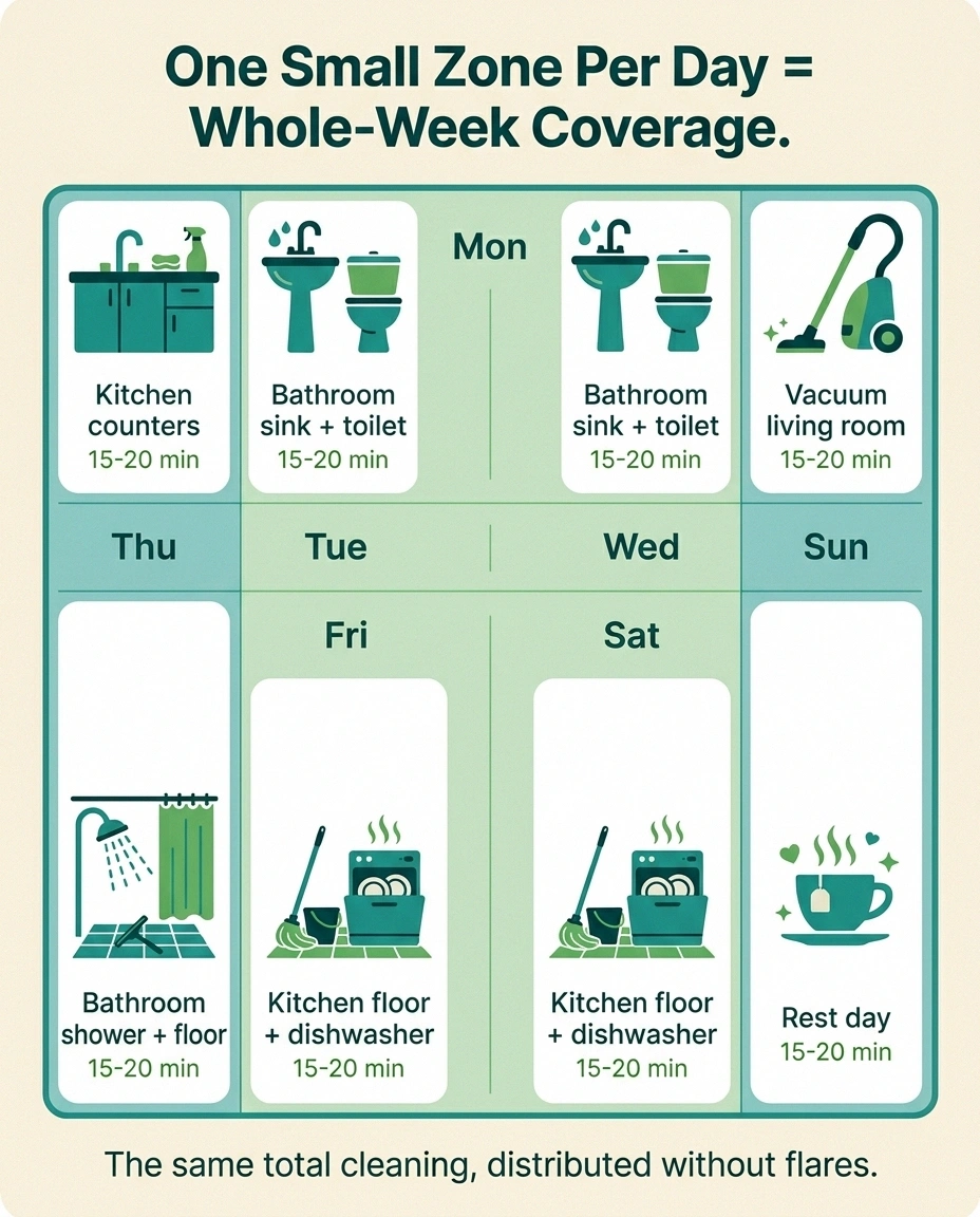 Infographic showing a 7-day cleaning zone schedule for paced house cleaning with neuropathy