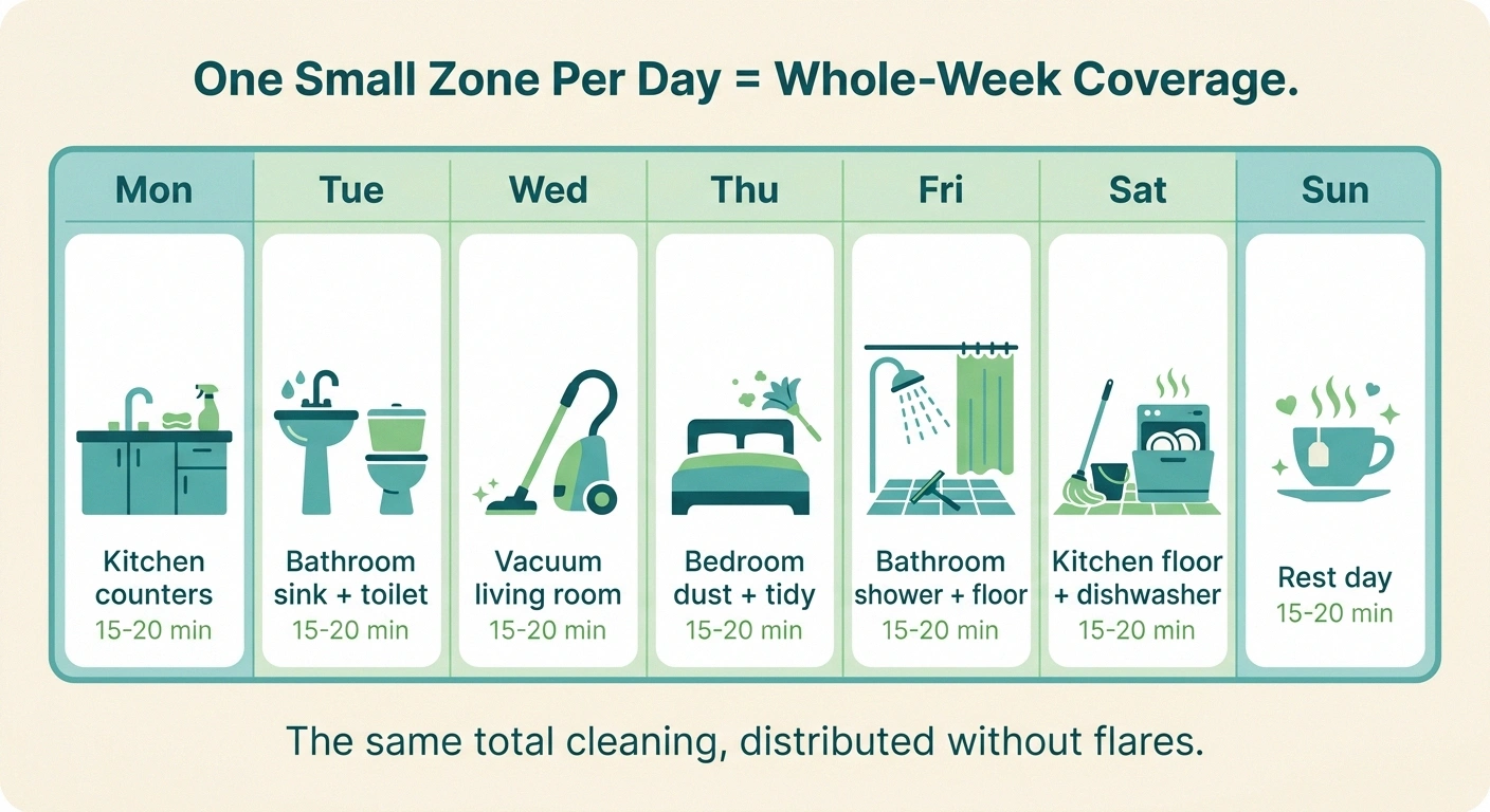 Infographic showing a 7-day cleaning zone schedule for paced house cleaning with neuropathy