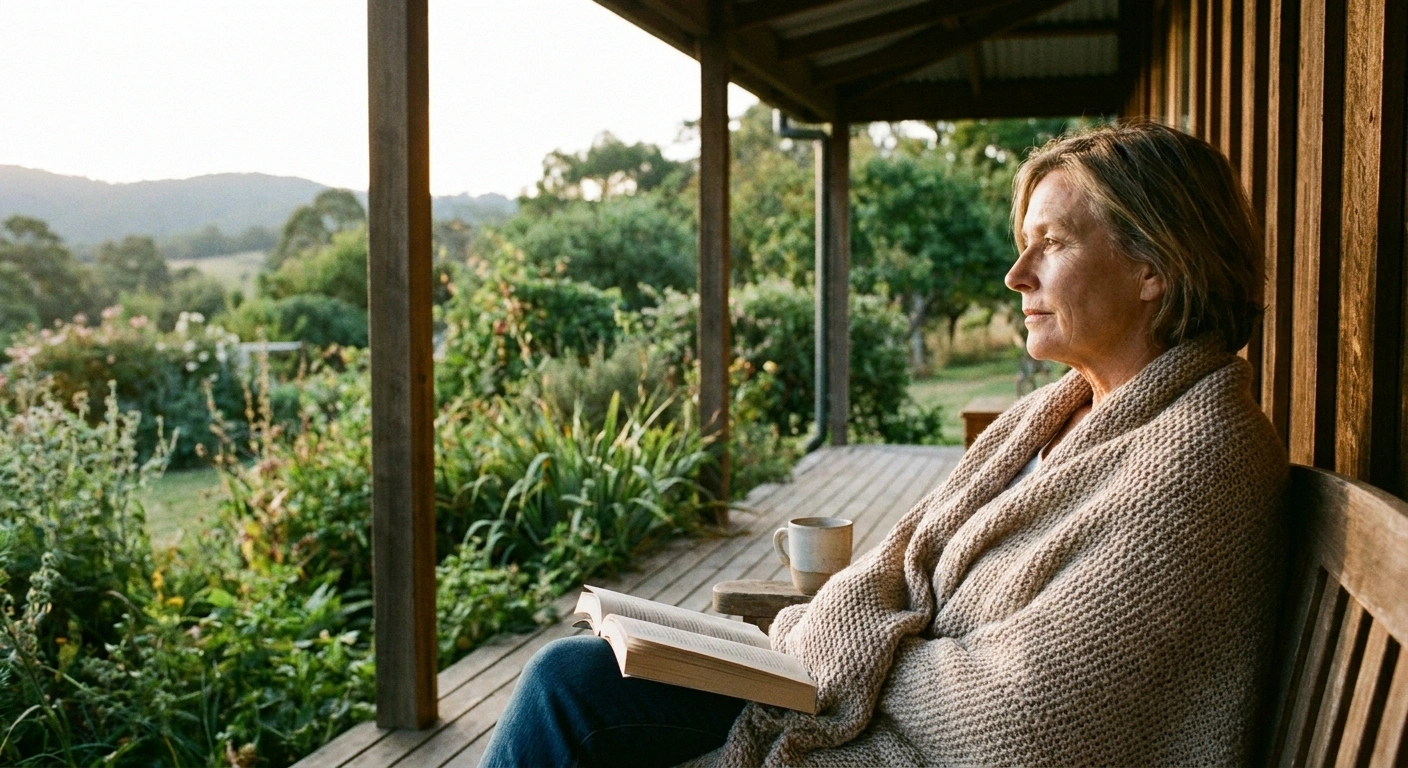 Woman in her late 50s sitting peacefully on a porch — quiet acceptance of life with chronic neuropathy
