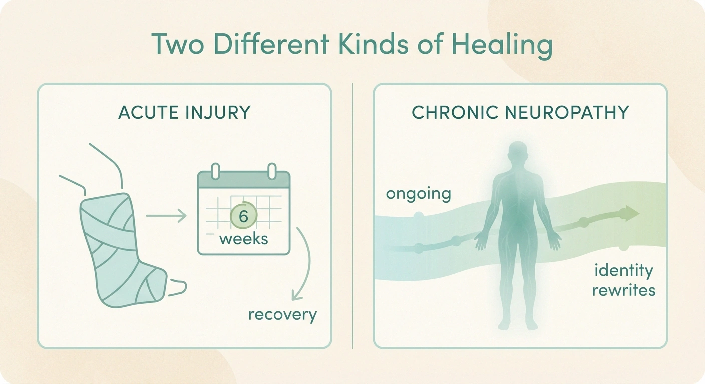 Infographic comparing acute injury recovery to chronic neuropathy identity adaptation