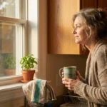 Woman in her late 50s at a kitchen window contemplating identity changes from chronic neuropathy