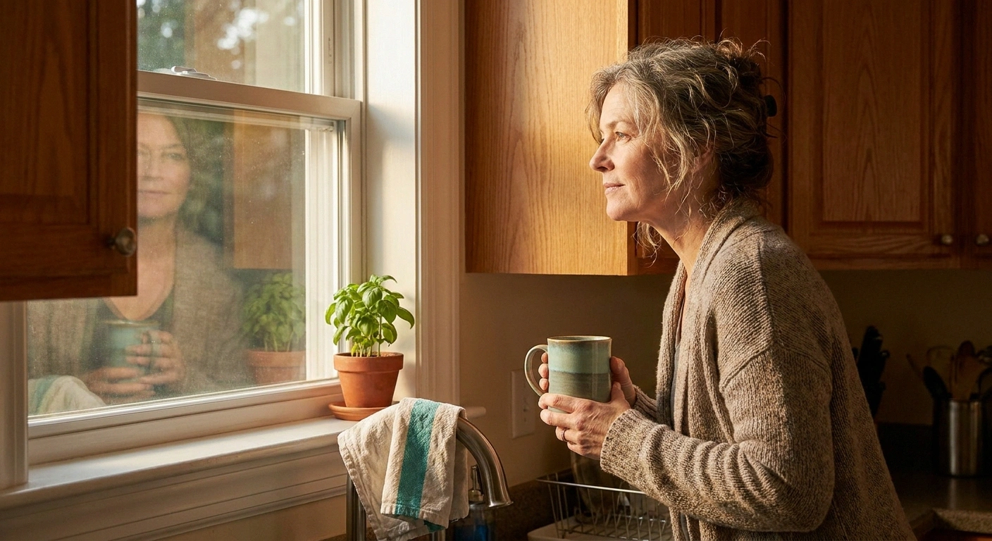 Woman in her late 50s at a kitchen window contemplating identity changes from chronic neuropathy