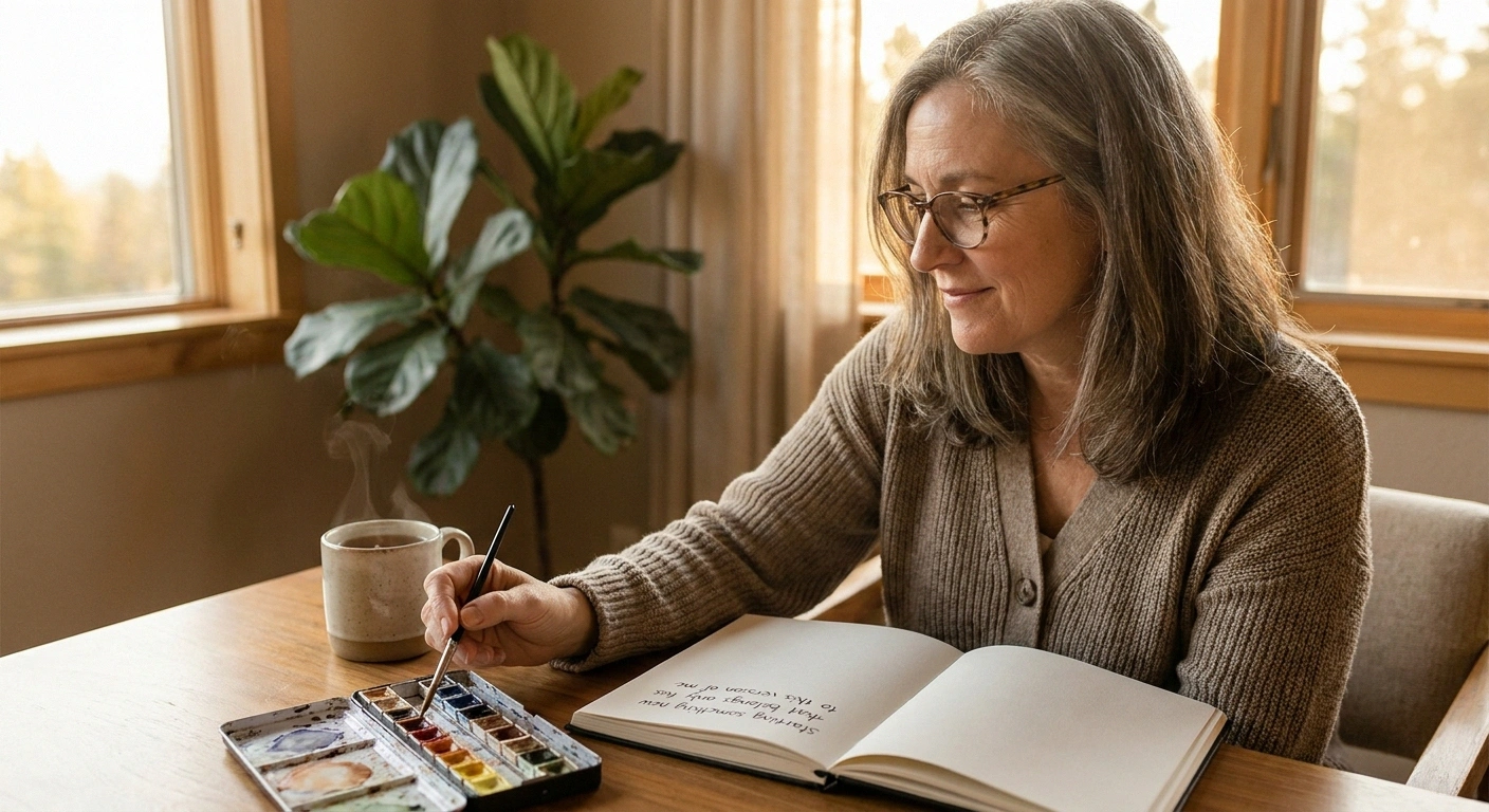 Woman in her late 50s painting watercolors as part of rebuilding identity with chronic neuropathy
