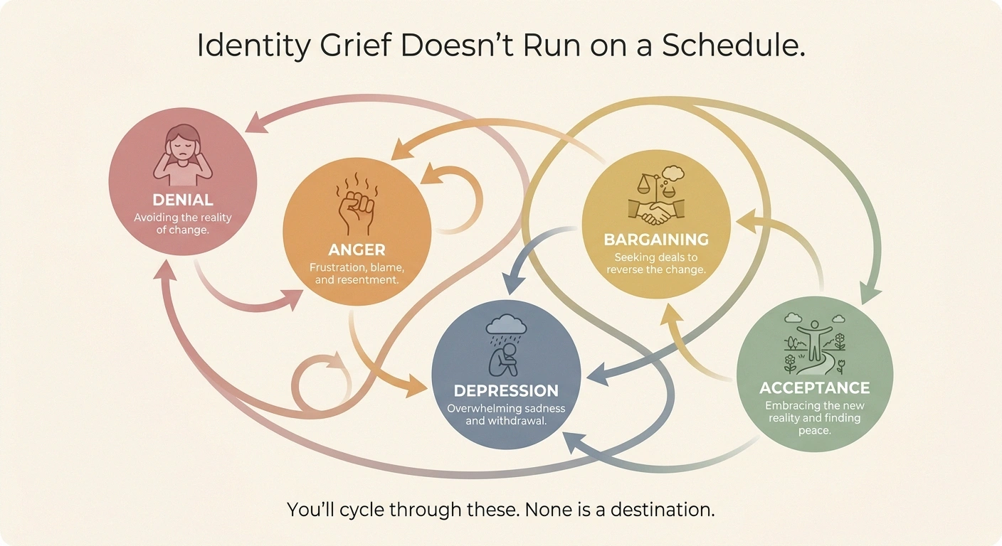Infographic showing the non-linear cycle of grief stages in chronic illness identity adaptation
