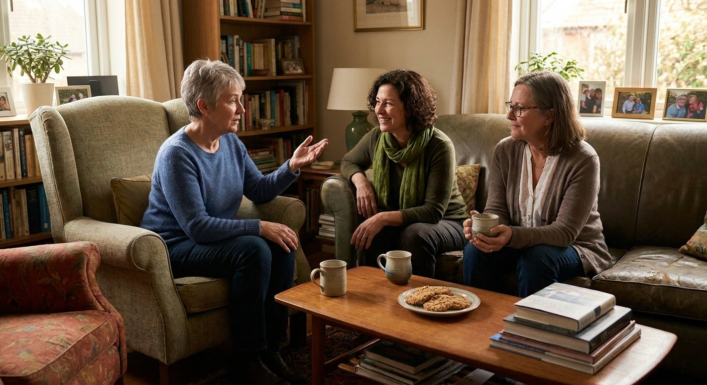 Three women in their 50s and 60s in a chronic illness support group, listening to one another