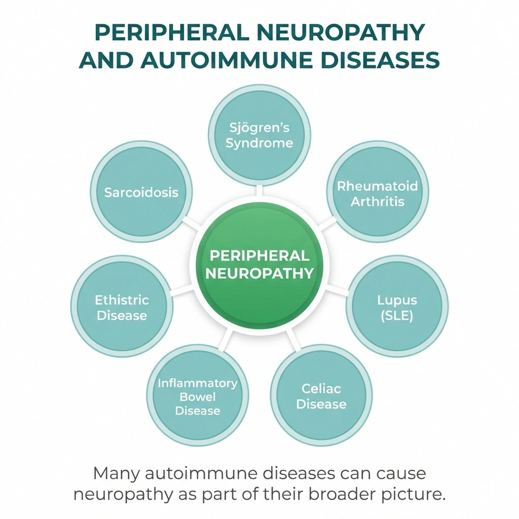 Radial diagram showing autoimmune diseases that can cause peripheral neuropathy as a secondary feature