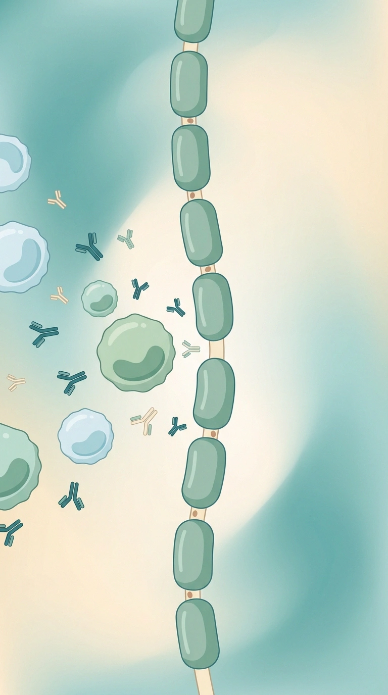 Conceptual illustration of antibodies and immune cells near a peripheral nerve fiber — autoimmune neuropathy