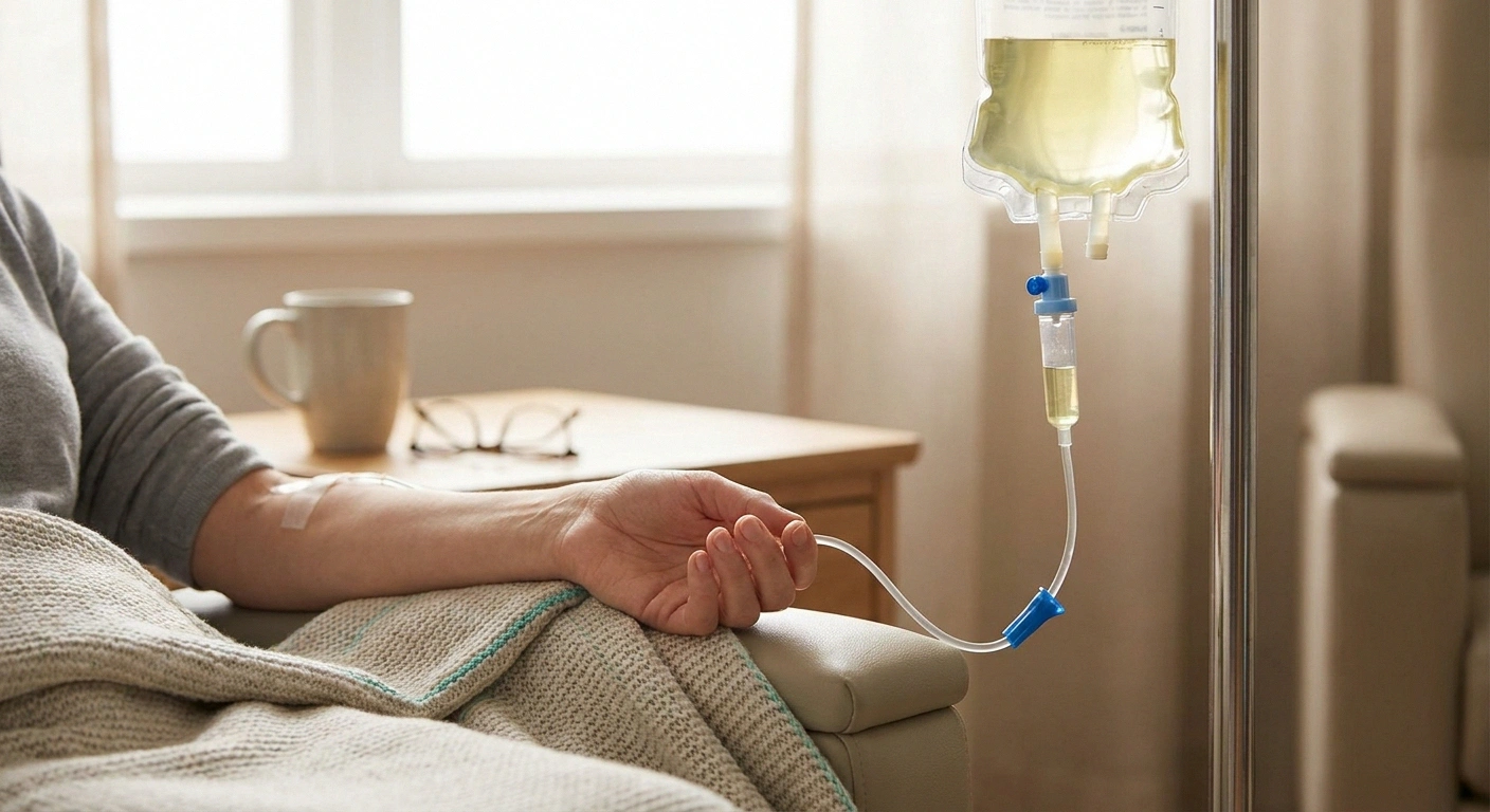 IVIG infusion treatment for autoimmune neuropathy — IV bag and patient's relaxed hand on infusion chair