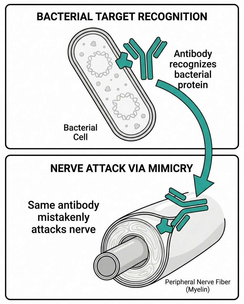 Molecular mimicry infographic — bacterial protein resembles a nerve protein, causing antibody cross-reaction