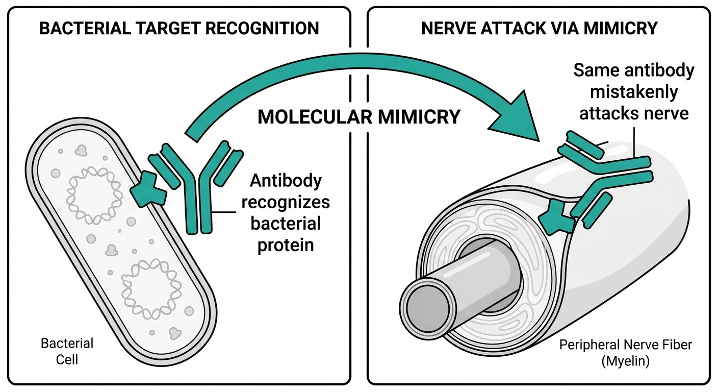 Molecular mimicry infographic — bacterial protein resembles a nerve protein, causing antibody cross-reaction
