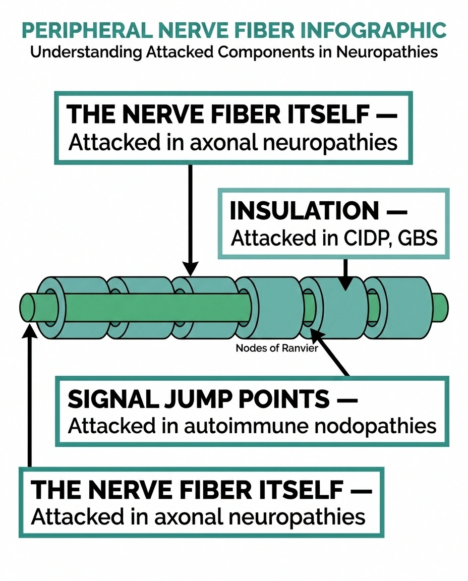 Labeled diagram of a peripheral nerve — myelin sheath, axon, and nodes of Ranvier as autoimmune attack targets