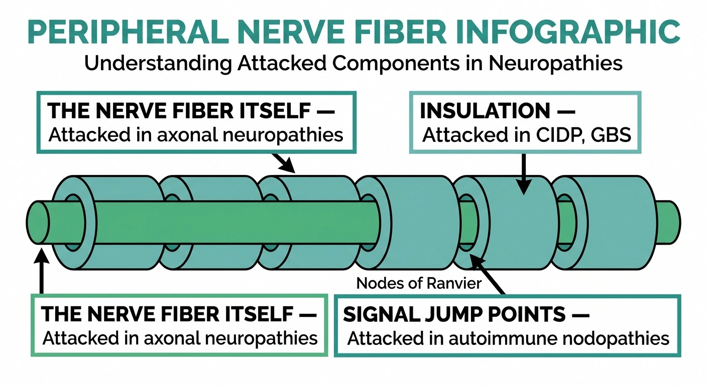 Labeled diagram of a peripheral nerve — myelin sheath, axon, and nodes of Ranvier as autoimmune attack targets