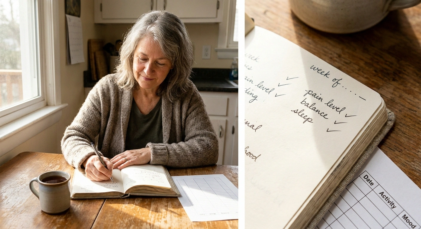 Woman tracking weekly neuropathy symptoms in a notebook at the kitchen table