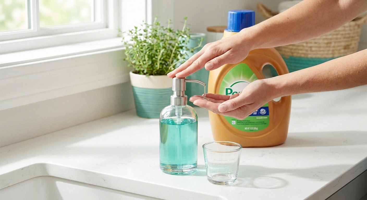 Pump-action laundry detergent dispenser being used with one finger &mdash; adaptive grip solution for neuropathy hands