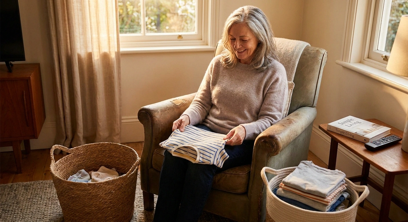 Woman folding laundry seated in a chair with basket nearby &mdash; energy-conserving adaptation for neuropathy