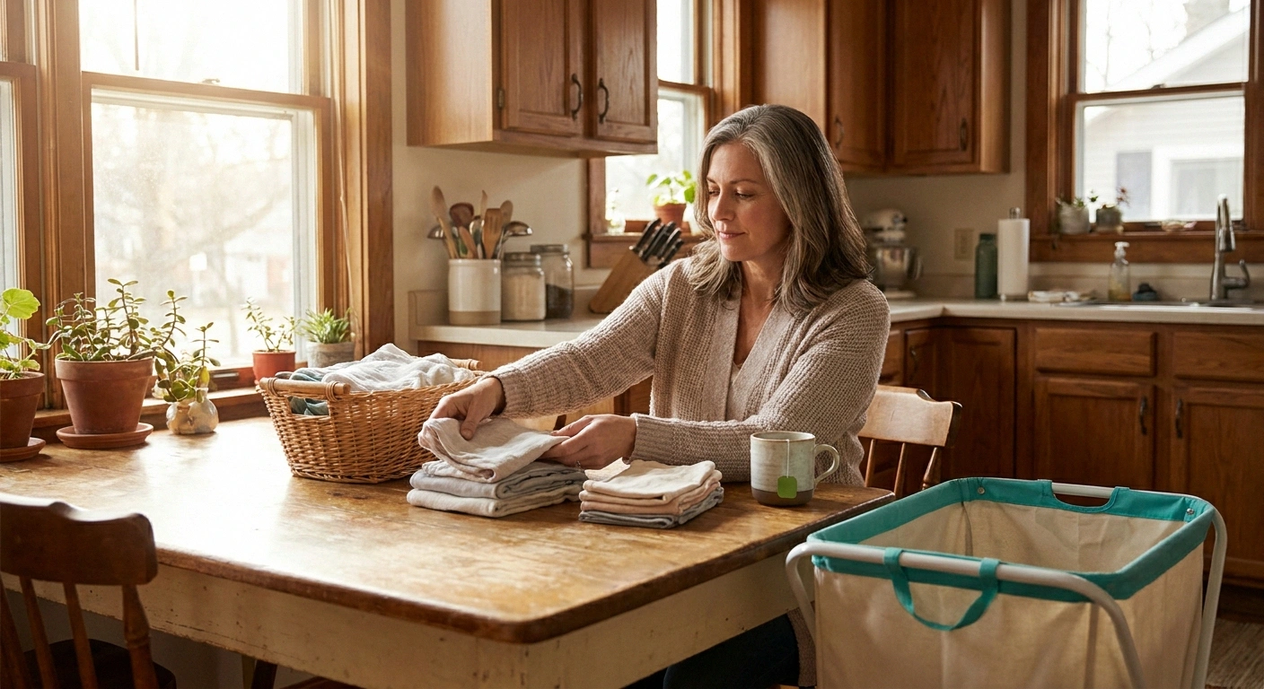 Woman seated at kitchen table sorting laundry into piles &mdash; adaptive approach for neuropathy in hands and feet