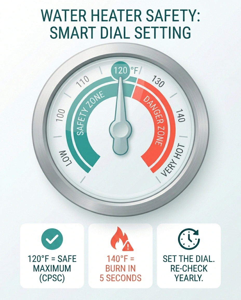 Water heater dial set to 120&deg;F &mdash; safe maximum to prevent scalding burns with neuropathy