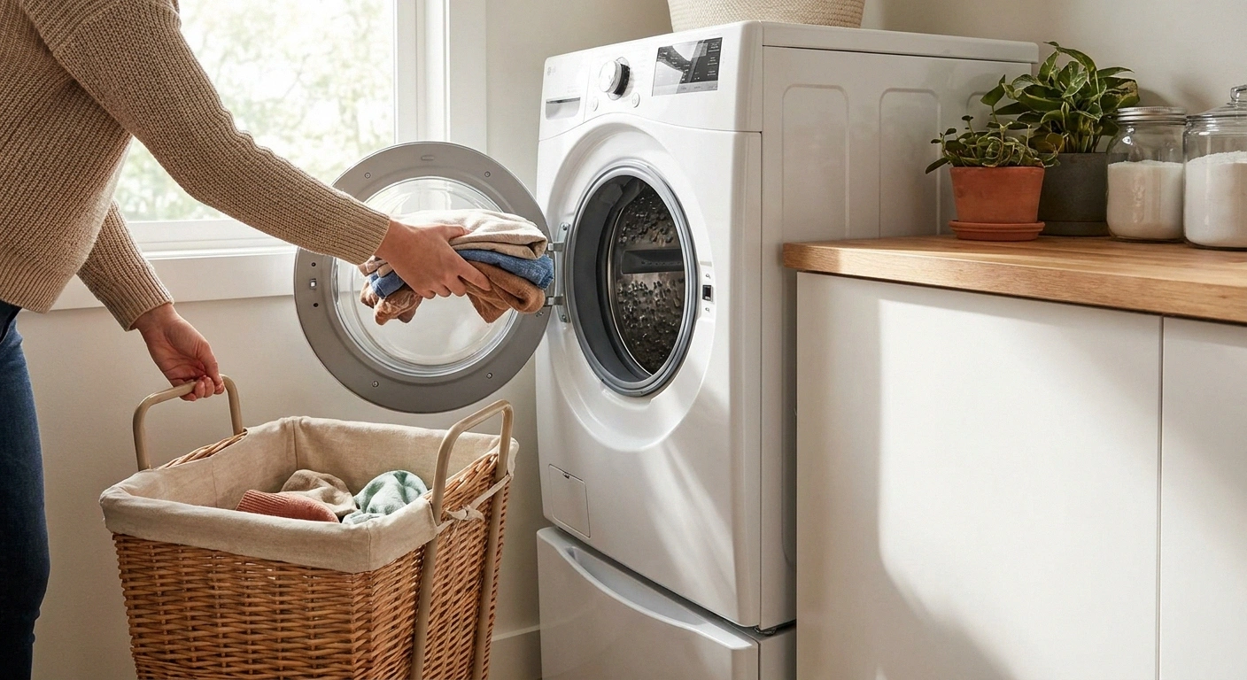 Small laundry load being transferred to a front-loading washer &mdash; pacing strategy for neuropathy
