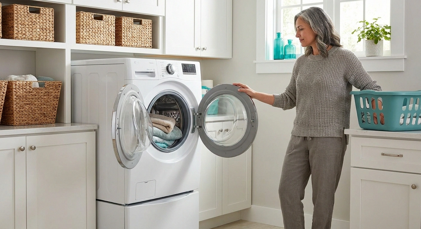 Front-loading washer on a pedestal with door at hip height &mdash; ideal setup for neuropathy